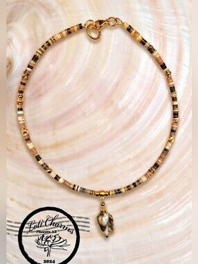 Beach Necklace Made W/ Agate, Pink Opal & Natural Sea Shell Pendant In GP